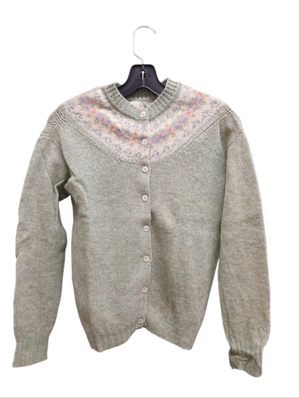 Vintage Lord & Taylor Wool Sage Green Fair Isle Yoke Cardigan Size Small